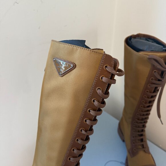 NWT Prada Tall Boots Tobacco Brown Leather Lace up Round Toe Sz 35 - Picture 6 of 11